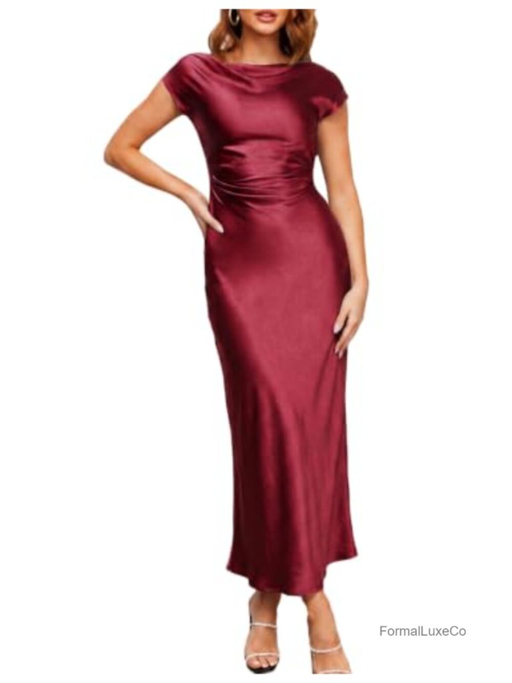 Satin Backless Midi Dress Cap Sleeve Ruched Waist Formal Cocktail